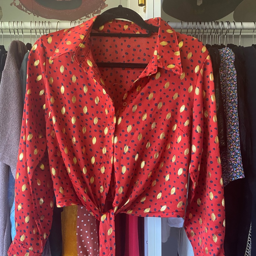 Crop printed button down with tie front